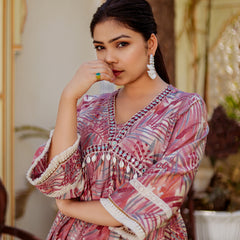 Alia cut Cord set with ebmroidered lace border & solid bottom with lace