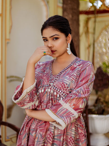 Alia cut Cord set with ebmroidered lace border & solid bottom with lace