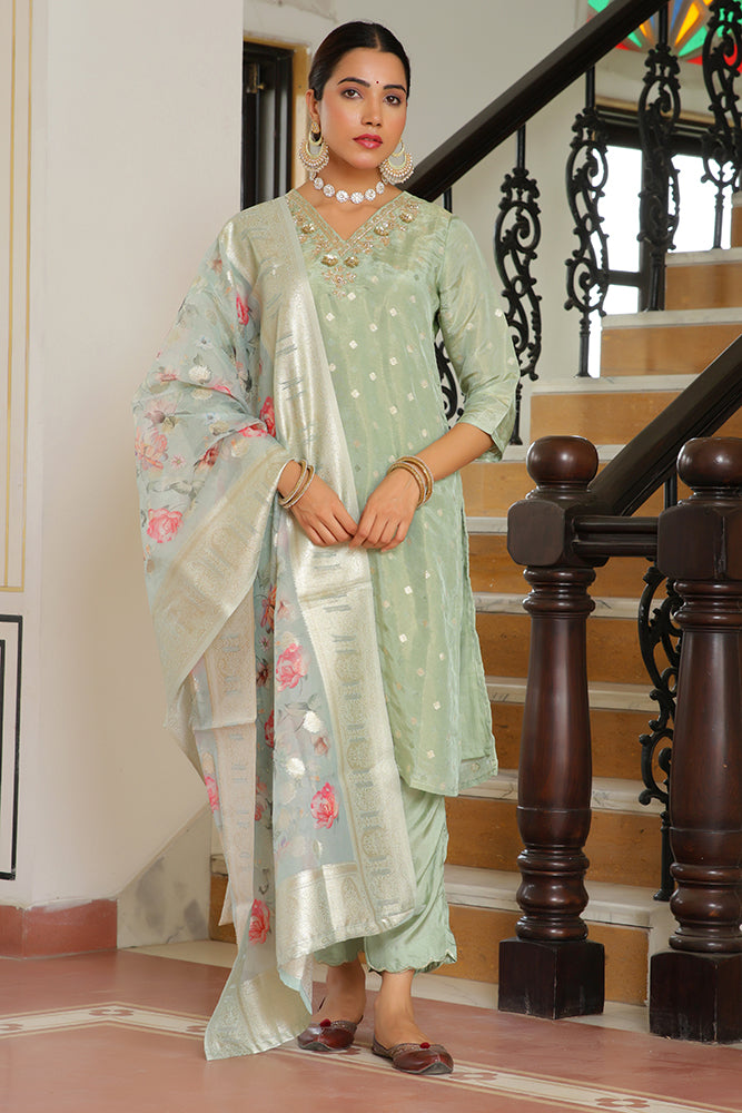 Women Tissue Brocade Embroidered Kurta with Scalloped pant & Dupatta