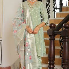Women Tissue Brocade Embroidered Kurta with Scalloped pant & Dupatta