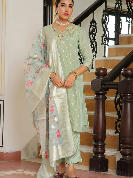 Women Tissue Brocade Embroidered Kurta with Scalloped pant & Dupatta