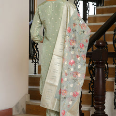 Women Tissue Brocade Embroidered Kurta with Scalloped pant & Dupatta