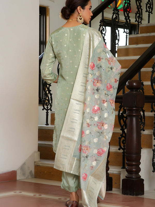 Women Tissue Brocade Embroidered Kurta with Scalloped pant & Dupatta