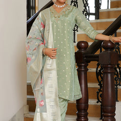 Women Tissue Brocade Embroidered Kurta with Scalloped pant & Dupatta