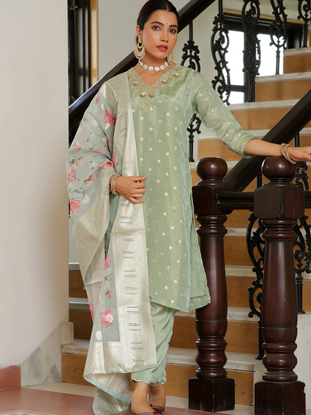 Women Tissue Brocade Embroidered Kurta with Scalloped pant & Dupatta