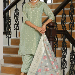 Women Tissue Brocade Embroidered Kurta with Scalloped pant & Dupatta