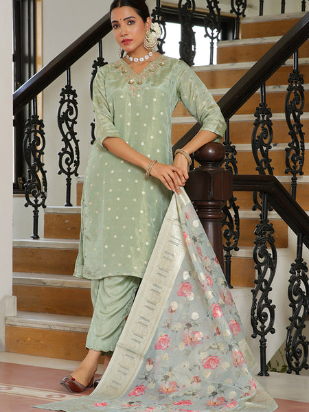 Women Tissue Brocade Embroidered Kurta with Scalloped pant & Dupatta