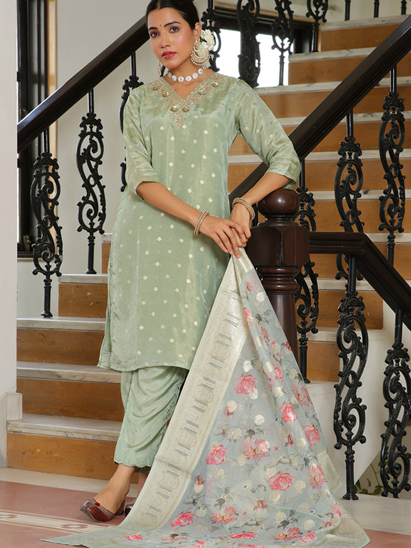 Women Tissue Brocade Embroidered Kurta with Scalloped pant & Dupatta