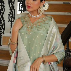 Women Tissue Brocade Embroidered Kurta with Scalloped pant & Dupatta