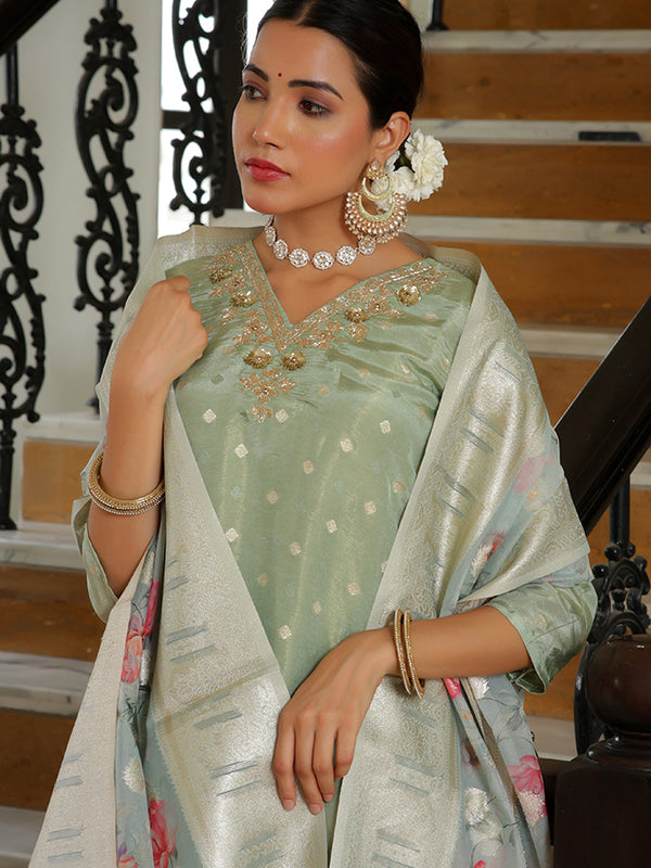 Women Tissue Brocade Embroidered Kurta with Scalloped pant & Dupatta