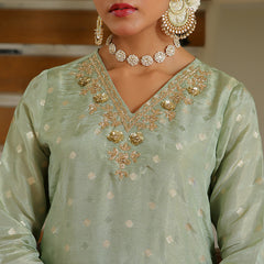 Women Tissue Brocade Embroidered Kurta with Scalloped pant & Dupatta