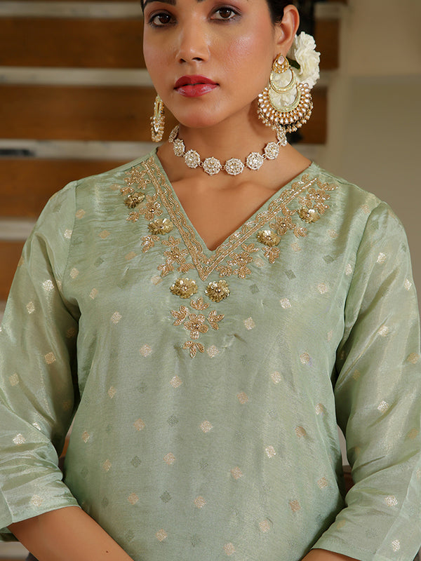 Women Tissue Brocade Embroidered Kurta with Scalloped pant & Dupatta