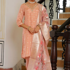 Women Tissue Brocade Embroidered Kurta with Scalloped pant & Dupatta