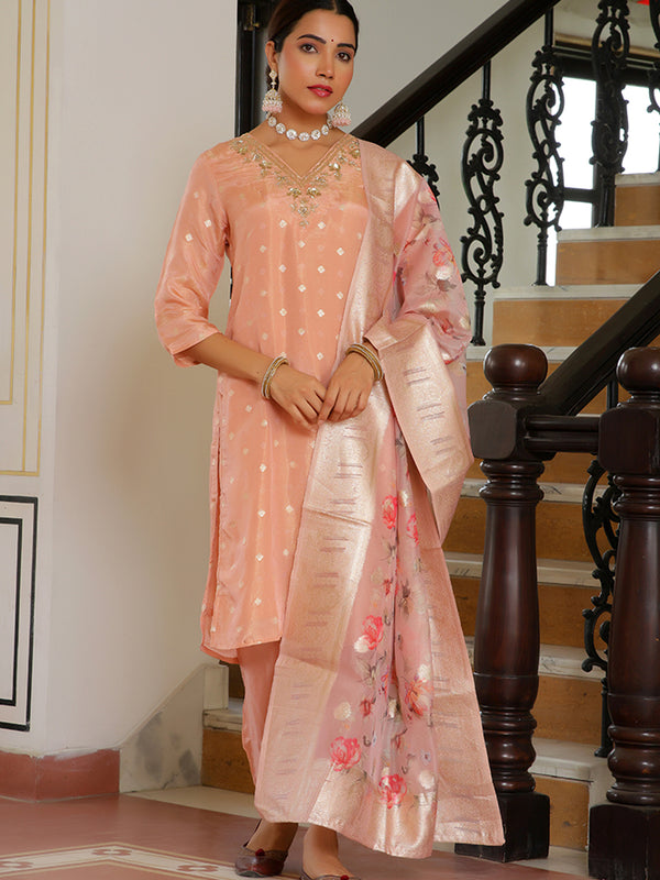 Women Tissue Brocade Embroidered Kurta with Scalloped pant & Dupatta
