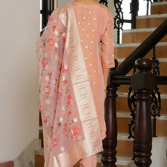Women Tissue Brocade Embroidered Kurta with Scalloped pant & Dupatta