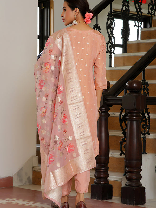 Women Tissue Brocade Embroidered Kurta with Scalloped pant & Dupatta