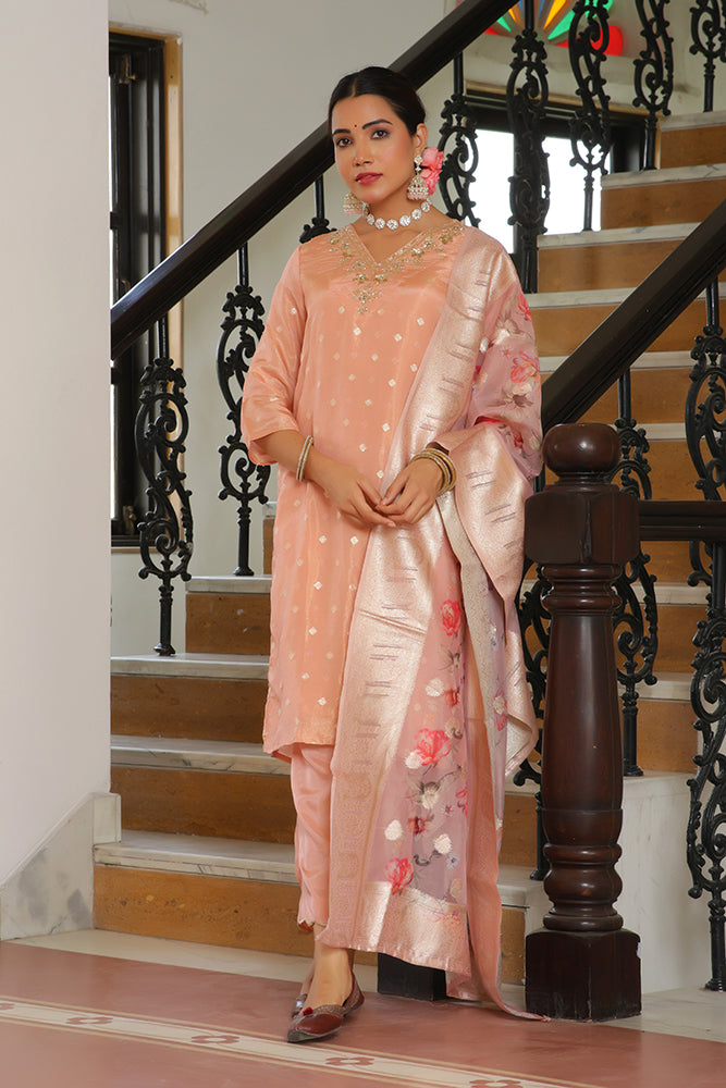 Women Tissue Brocade Embroidered Kurta with Scalloped pant & Dupatta