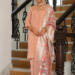 Women Tissue Brocade Embroidered Kurta with Scalloped pant & Dupatta