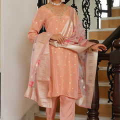 Women Tissue Brocade Embroidered Kurta with Scalloped pant & Dupatta