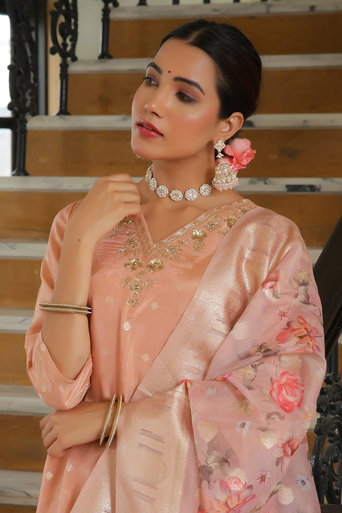 Women Tissue Brocade Embroidered Kurta with Scalloped pant & Dupatta