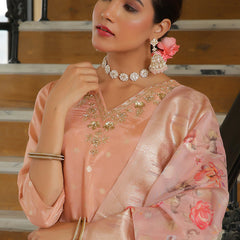 Women Tissue Brocade Embroidered Kurta with Scalloped pant & Dupatta