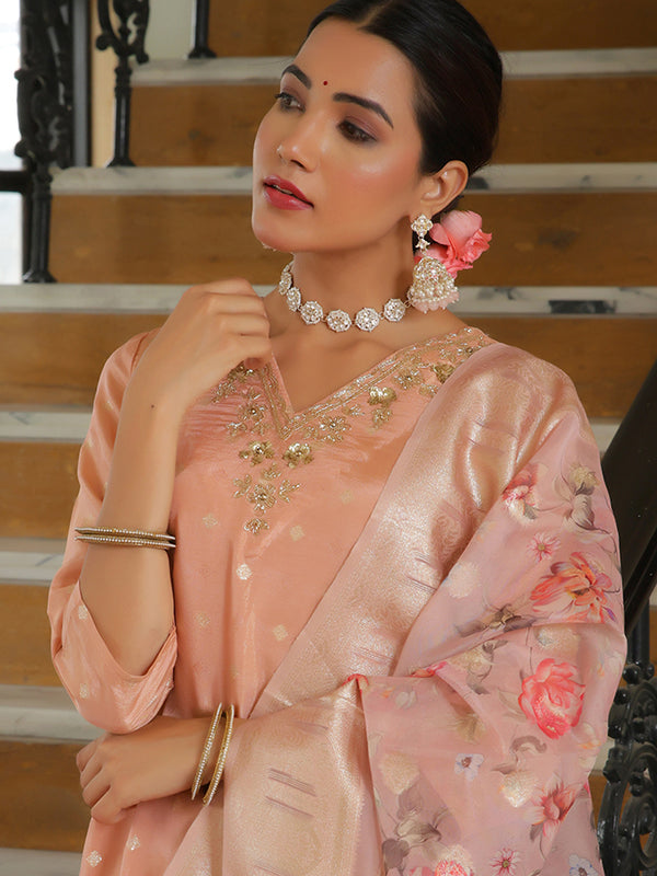 Women Tissue Brocade Embroidered Kurta with Scalloped pant & Dupatta