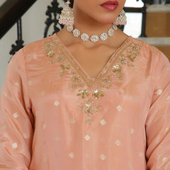 Women Tissue Brocade Embroidered Kurta with Scalloped pant & Dupatta