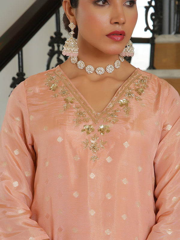 Women Tissue Brocade Embroidered Kurta with Scalloped pant & Dupatta