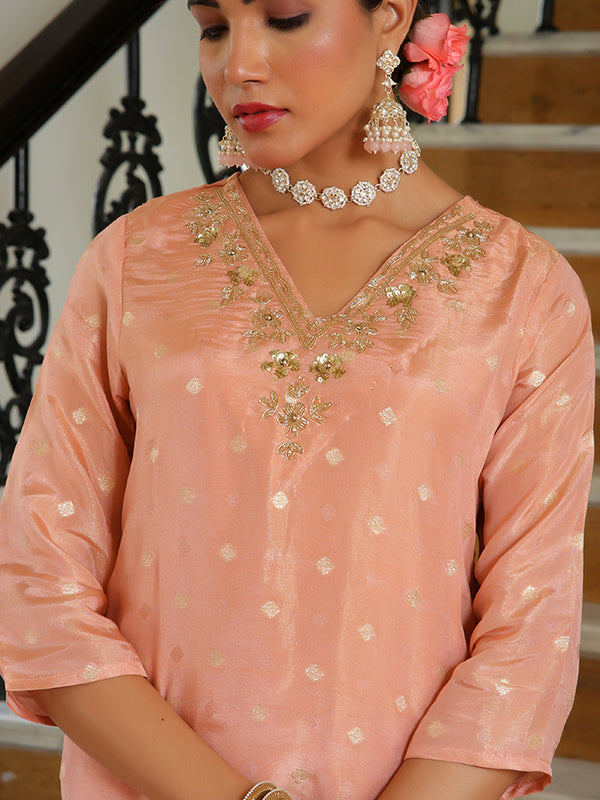 Women Tissue Brocade Embroidered Kurta with Scalloped pant & Dupatta