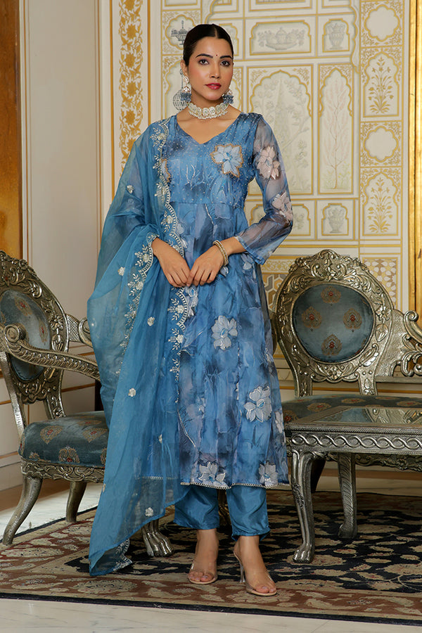 Women Embroidered Anarkali Kurta with solid pant & Dupatta