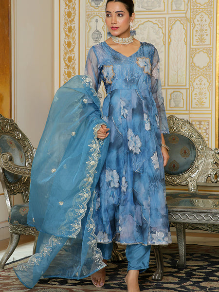 Women Embroidered Anarkali Kurta with solid pant & Dupatta