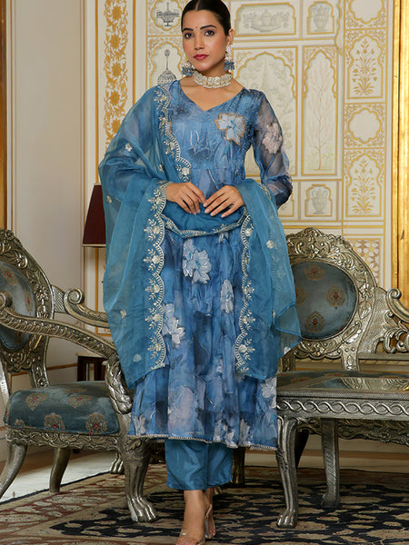 Women Embroidered Anarkali Kurta with solid pant & Dupatta