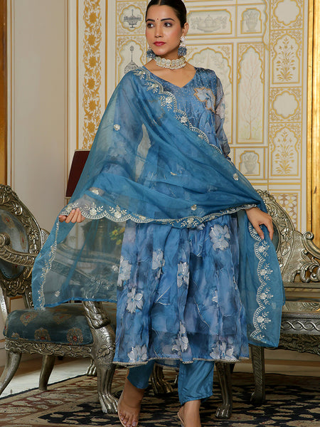 Women Embroidered Anarkali Kurta with solid pant & Dupatta