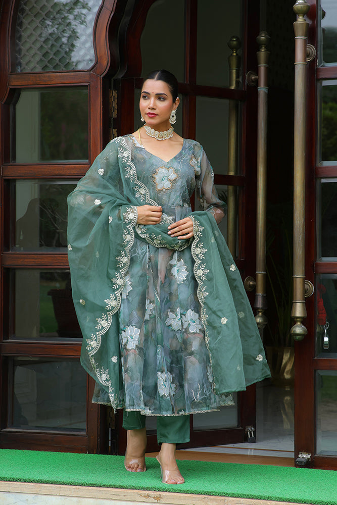 Women Embroidered Anarkali Kurta with solid pant & Dupatta