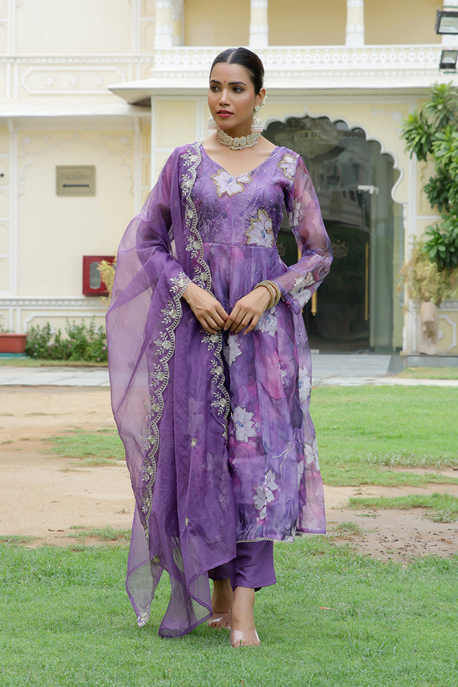 Women Embroidered Anarkali Kurta with solid pant & Dupatta