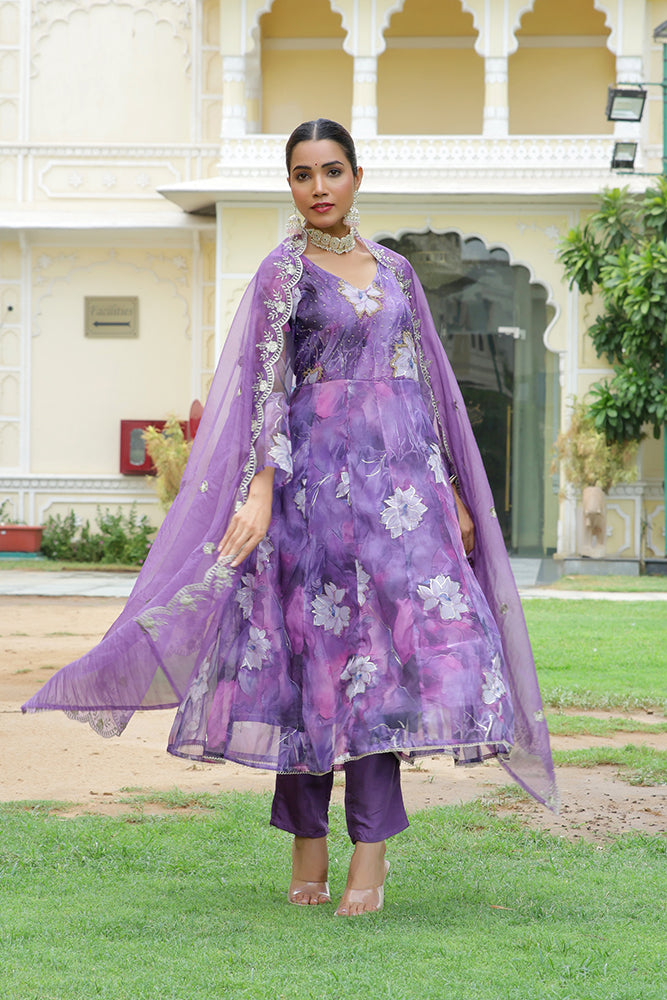 Women Embroidered Anarkali Kurta with solid pant & Dupatta