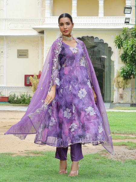 Women Embroidered Anarkali Kurta with solid pant & Dupatta