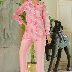 Women Marble Print Embroidered Shirt With Solid Pants