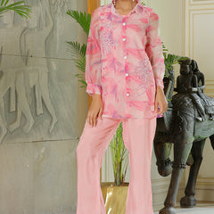 Women Marble Print Embroidered Shirt With Solid Pants