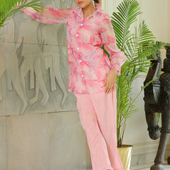 Women Marble Print Embroidered Shirt With Solid Pants