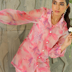 Women Marble Print Embroidered Shirt With Solid Pants