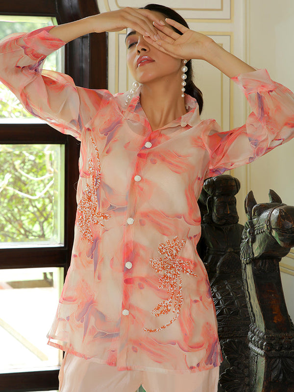 Women Marble Print Embroidered Shirt With Solid Pants
