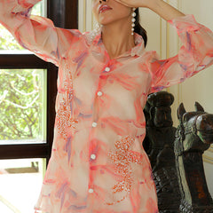 Women Marble Print Embroidered Shirt With Solid Pants