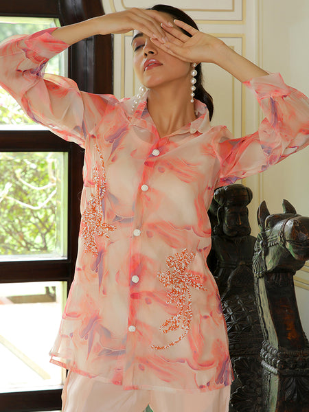 Women Marble Print Embroidered Shirt With Solid Pants