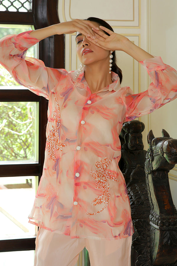 Women Marble Print Embroidered Shirt With Solid Pants