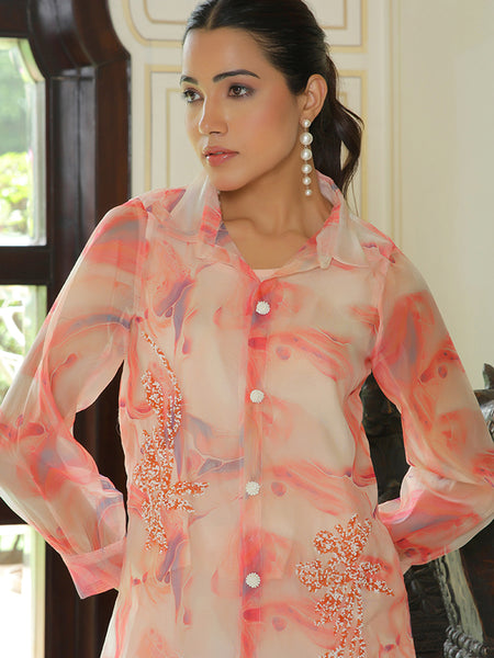 Women Marble Print Embroidered Shirt With Solid Pants