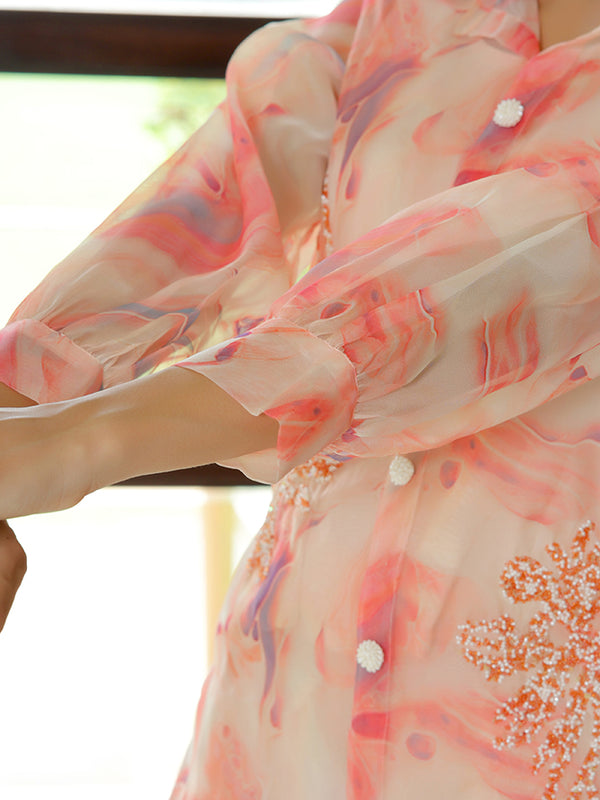Women Marble Print Embroidered Shirt With Solid Pants