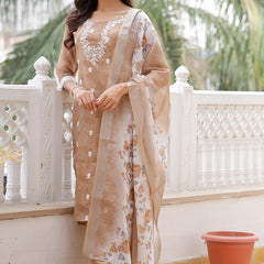 Women Linen Kurta Embroidered kurta set with solid pants & dupatta