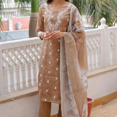 Women Linen Kurta Embroidered kurta set with solid pants & dupatta