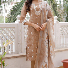 Women Linen Kurta Embroidered kurta set with solid pants & dupatta